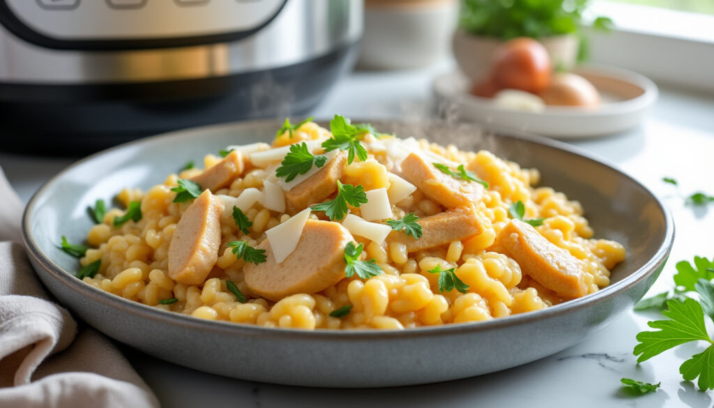 découvrez une recette facile et rapide de risotto au poulet réalisée avec le cookeo, parfaite pour un repas savoureux en toute simplicité.